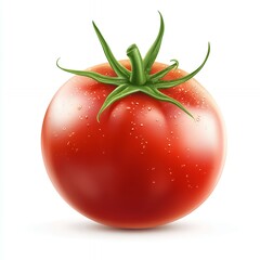 A realistic illustration of a ripe tomato with green leaves on top.