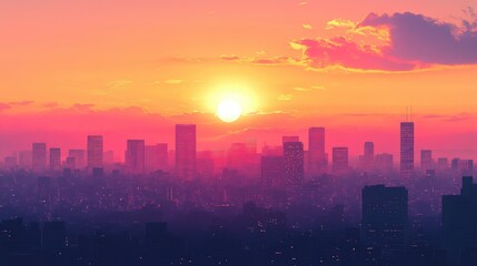 Fototapeta premium A city skyline at sunset, with the buildings silhouetted against the glowing orange and pink sky.