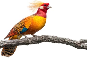 Golden Pheasant Bird Perched on a Branch with White Background, Realistic Photo, Wallpaper, Cover and Screen for Smartphone, Cell Phone, Computer, Laptop, 9:16 and 16:9 Format