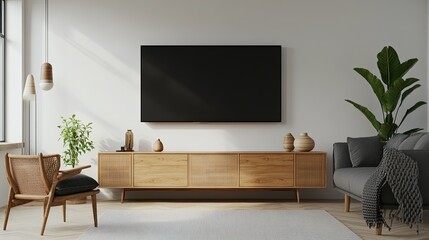 Modern Living Room with TV, Sofa, and Wooden Accents