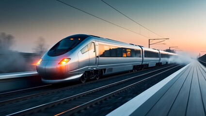 Fototapeta premium Sleek modern high-speed train speeding along tracks at dusk, showcasing advanced technology and efficiency. Ideal for transportation and travel themes.