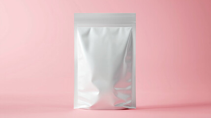 ラベルなしモックアップ用白色の食品ジップ袋とピンク背景をリアルに描いたAI生成画像
