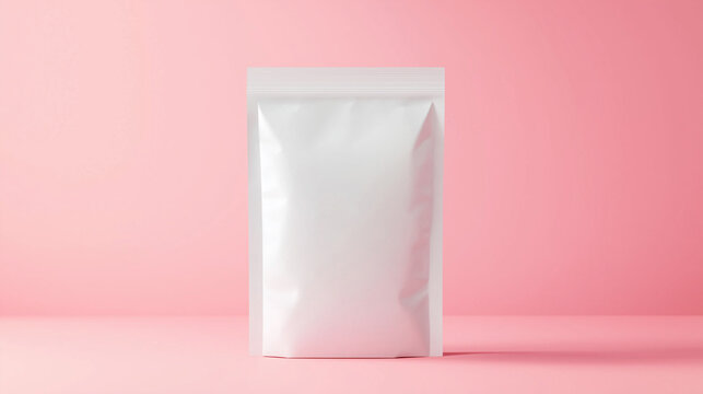 ラベルなしモックアップ用白色の食品ジップ袋とピンク背景をリアルに描いたAI生成画像