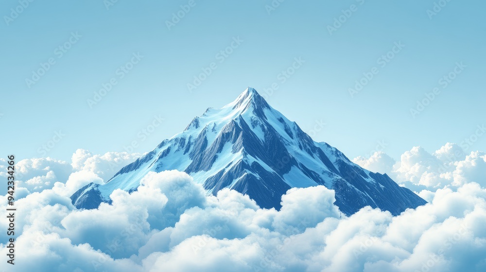 Poster a clipart of a mountain peak with clouds around it, creating a whimsical and engaging design with sp