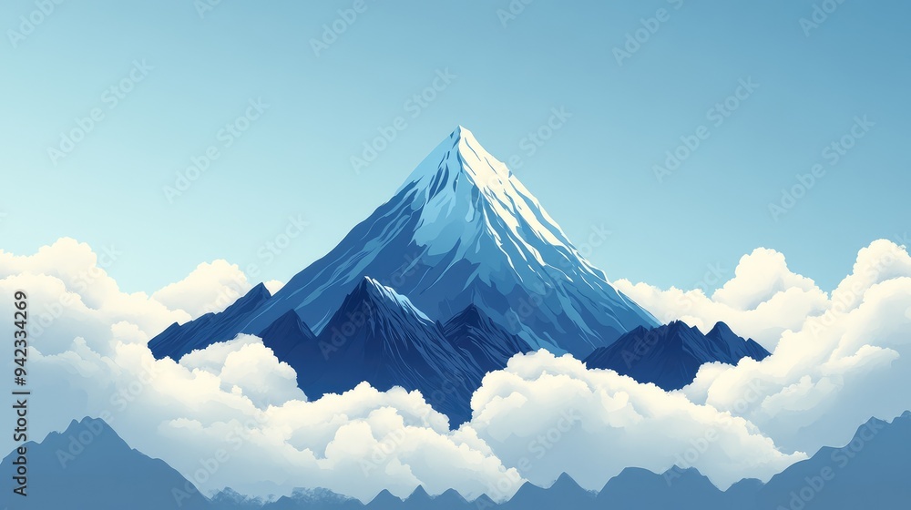 Poster a clipart of a mountain peak with clouds around it, creating a whimsical and engaging design with sp