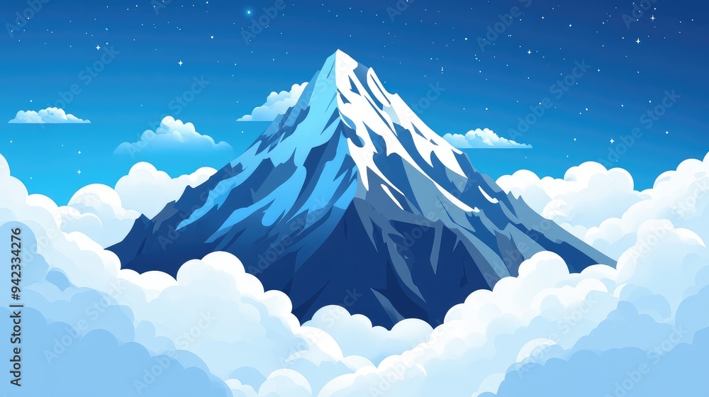 Poster a clipart of a mountain peak with clouds around it, creating a whimsical and engaging design with sp