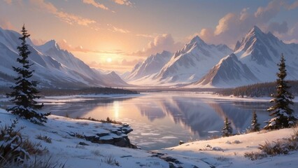 Painting, winter landscape of glaciers