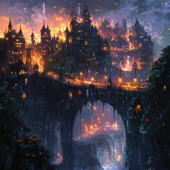 Fototapeta premium A fantasy cityscape with a bridge over a river and a castle in the background. Scene is mysterious and enchanting
