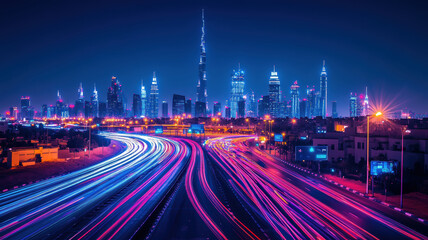 Fototapeta premium A city skyline at night with a bright purple sky. The city is lit up with neon lights and the streets are filled with cars. Scene is energetic and lively, with the bright lights
