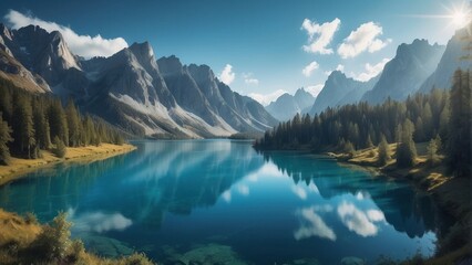 Fototapeta premium Landscape of turquoise lake between high mountains