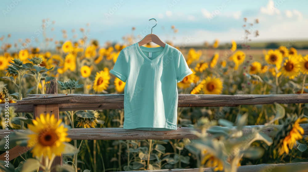 Wall mural A blue shirt is hanging on a clothesline in a field of yellow flowers. The shirt is hanging on a wooden fence post