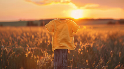 Fototapeta premium A yellow shirt is on a wooden post in a field. The sun is setting in the background, creating a warm and peaceful atmosphere