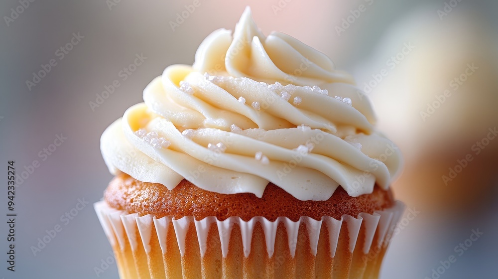 Poster a close-up of a cupcake with intricate frosting details, with a soft-focus background and copy space