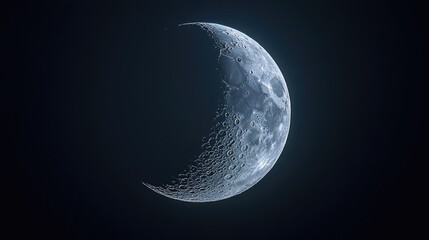 A close-up of a crescent moon with detailed textures, set against a pitch-black sky. The simplicity of the scene offers ample copy space.