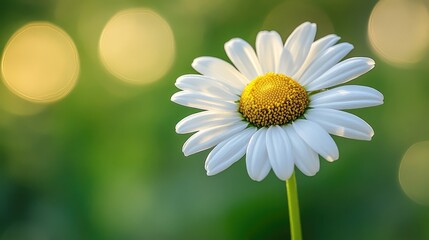 Naklejka premium A close-up of a daisy in full bloom, with its white petals and yellow center standing out against a green blurred background.