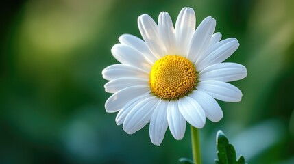 Obraz premium A close-up of a daisy in full bloom, with its white petals and yellow center standing out against a green blurred background.