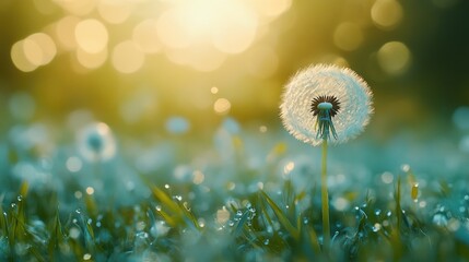 A close-up of a dandelion in a field of grass, with the seeds ready to blow in the wind, symbolizing the fleeting beauty of summer with space for copy.