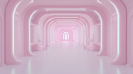 Fototapeta premium Pink Futuristic Corridor With Neon Lights