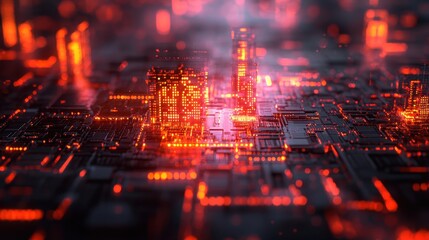 Obraz premium Abstract Red Circuit Board with Glowing Lights Futuristic Technology Background