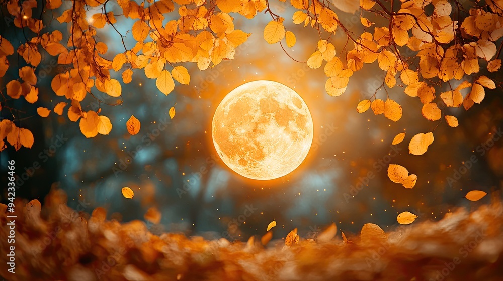 Poster a close-up of a harvest moon with a backdrop of autumn leaves, creating a cozy and seasonal effect w