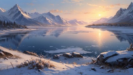 Obraz premium Painting, setting sun behind beautiful glaciers, winter