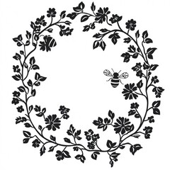Floral Wreath with Bee Silhouette