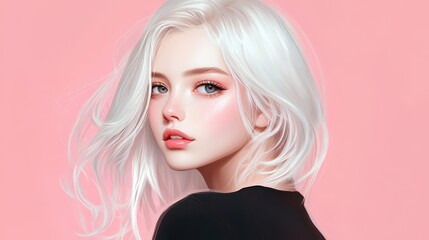 Naklejka premium Portrait of a Beautiful Woman with White Hair and Blue Eyes on a Pink Background