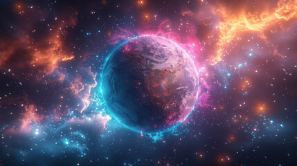 Obraz premium Galaxy, big beautiful planet earth, free space for text, colorful fantasy realism style, oblique photography, Star Art Group (XING XING), UHD images