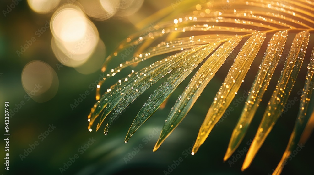 Poster a close-up of a palm tree leaf with water droplets, the sunlight creating a sparkling effect on the 