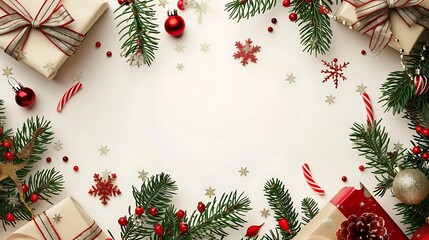 Christmas Decoration with Pine Branches, Gifts, and Ornaments