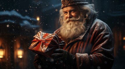 Obraz premium Santa claus delivers christmas gifts in a snowy night