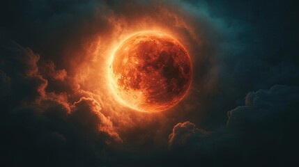 A close-up of a red moon partially covered by clouds, creating a mystical and otherworldly atmosphere with space for text.