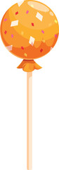 Cartoon style round orange lollipop with sprinkles standing on a wooden stick