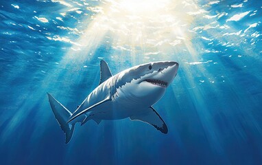 Fototapeta premium Great White Shark in Sunlit Ocean