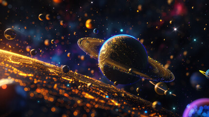 our solar system in the style of detailed very gorgeous, shocking colors, dazzling, colorful, gorgeous, exquisite, exquisite, full body sitting mysterious, majestic majestic