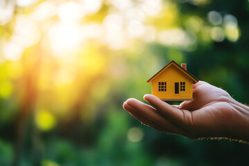 Hand holding a miniature house against a sunny backdrop, symbolizing real estate, investment, and dream home. Ideal for business concepts.