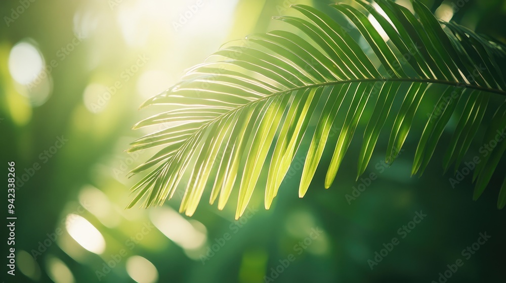 Poster a close-up of a single palm leaf with intricate details, sunlight filtering through the fronds, cast
