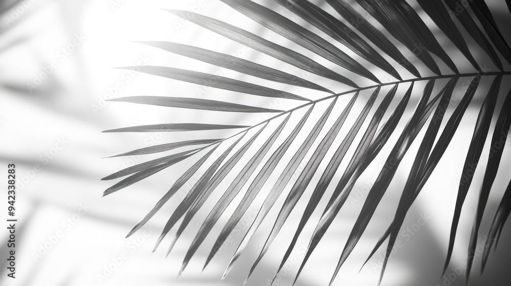 Poster a close-up of a single palm leaf with intricate details, sunlight filtering through the fronds, cast
