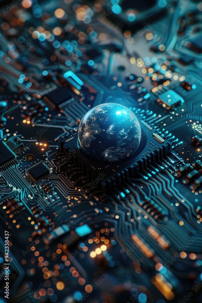 Poster A detailed view of a globe integrated into a computer circuit board
