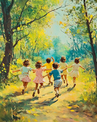 Children joyfully running in a serene forest, embracing nature's beauty and innocence on a sunny day.