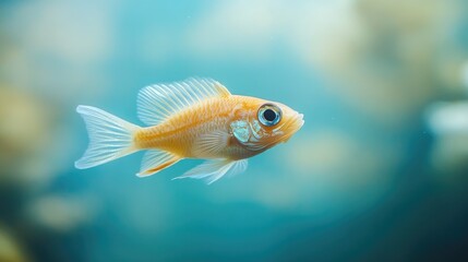 Naklejka premium A close-up of a solitary fish swimming gracefully through the water, with a blurred background, perfect for focus and clarity themes with space for text.