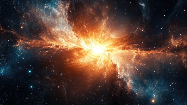 A close-up of a star in a galaxy, glowing with intense light and surrounded by cosmic dust. The background fades into darkness, providing generous copy space.
