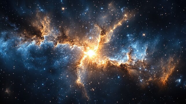 A close-up of a star in a galaxy, glowing with intense light and surrounded by cosmic dust. The background fades into darkness, providing generous copy space.