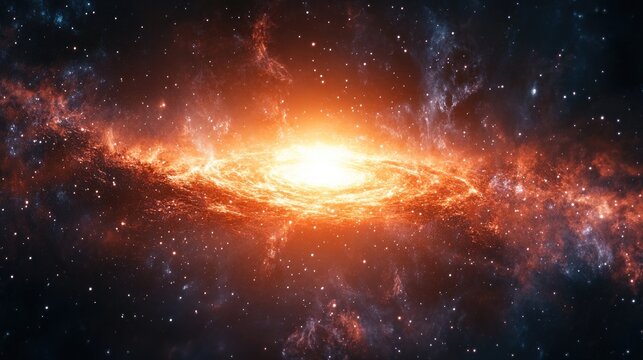 A close-up of a star in a galaxy, glowing with intense light and surrounded by cosmic dust. The background fades into darkness, providing generous copy space.