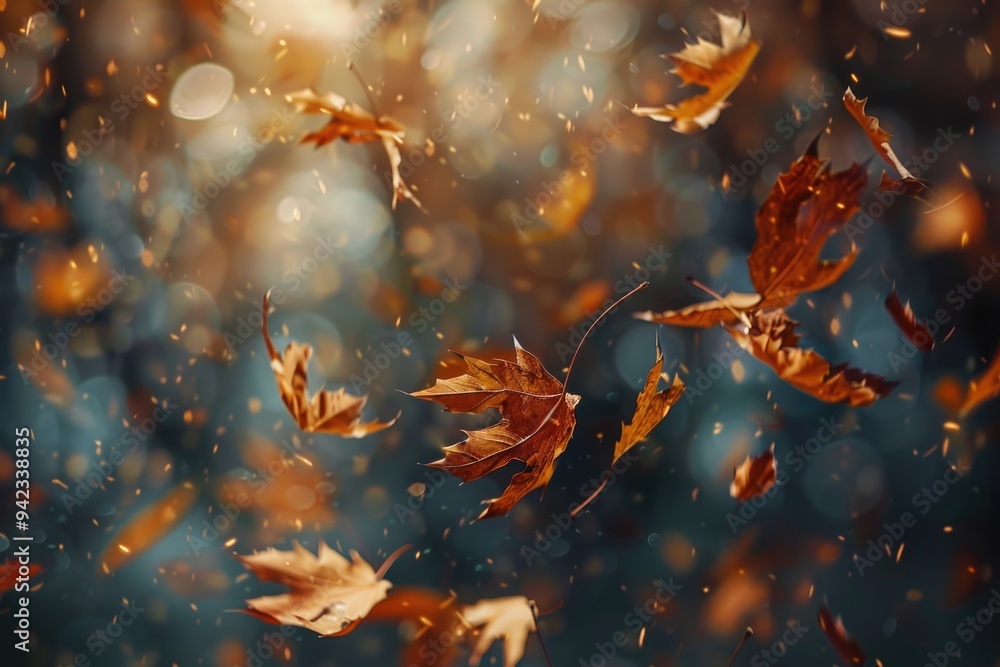 Poster a bunch of colorful autumn leaves floating and fluttering in the air