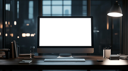 A modern workspace with a large blank computer monitor on a wooden desk, surrounded by office supplies and illuminated by warm lighting.