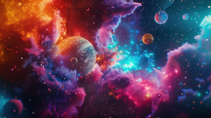 Cinematic whimsical photography of colorful galaxy with colorful and bright nebulas as well us different planets with different terrains