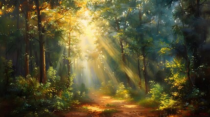 Fototapeta premium Sun-dappled mystical forest, rays of light piercing through dense foliage, portrayed with a rich, layered oil painting technique, every stroke hand-rendered