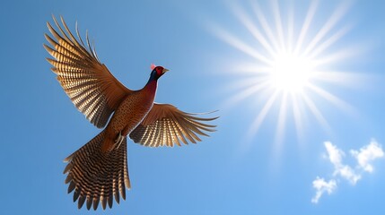 Obraz premium Golden Pheasant Bird Flying Under Blue Sky, Photo Realistic, Wallpaper, Cover and Screen for Smartphone, Cell Phone, Computer, Laptop, 9:16 and 16:9 Format
