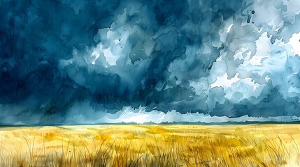 Obraz premium A dramatic landscape with a stormy sky, dark clouds rolling over a field, expressed in vibrant watercolor that highlights the tension and beauty of nature